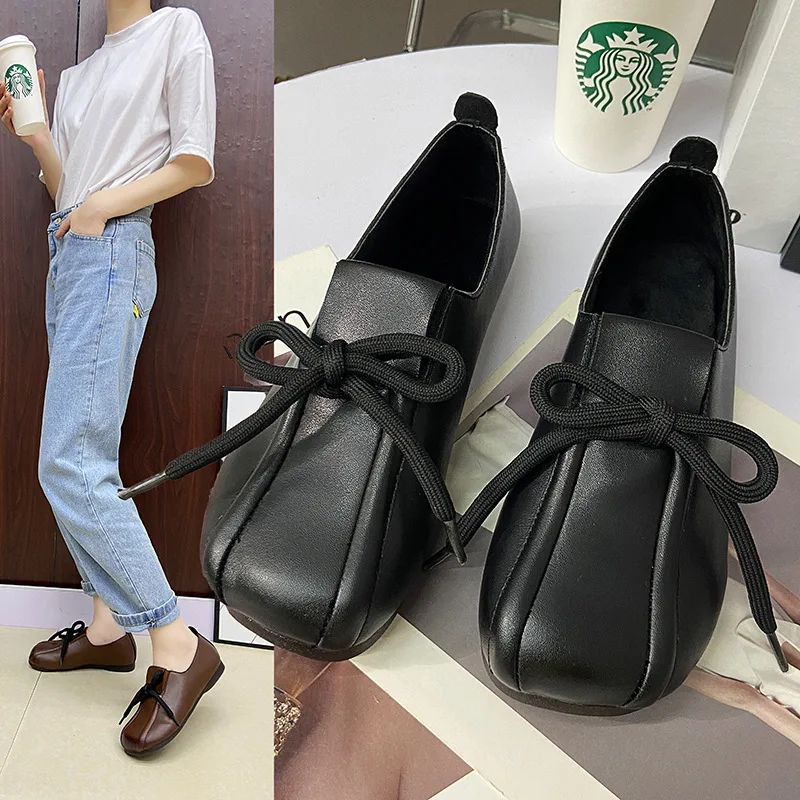 

Ladies Retro Leather Shoes 2022 Spring And Autumn Fashion Trend Square Toe Flat Beanie Shoes British Style Muffin Bottom Loafers