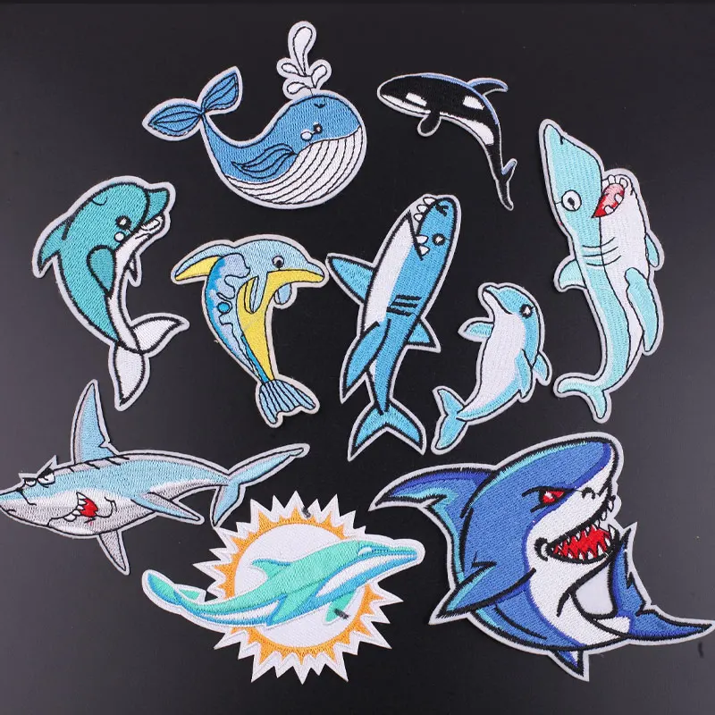 

Cartoon Shark Fish Sequins Embroidered Patches Clothing Thermoadhesive Patches Fusible Patch on Clothes Cute Badges Sewing Cheap