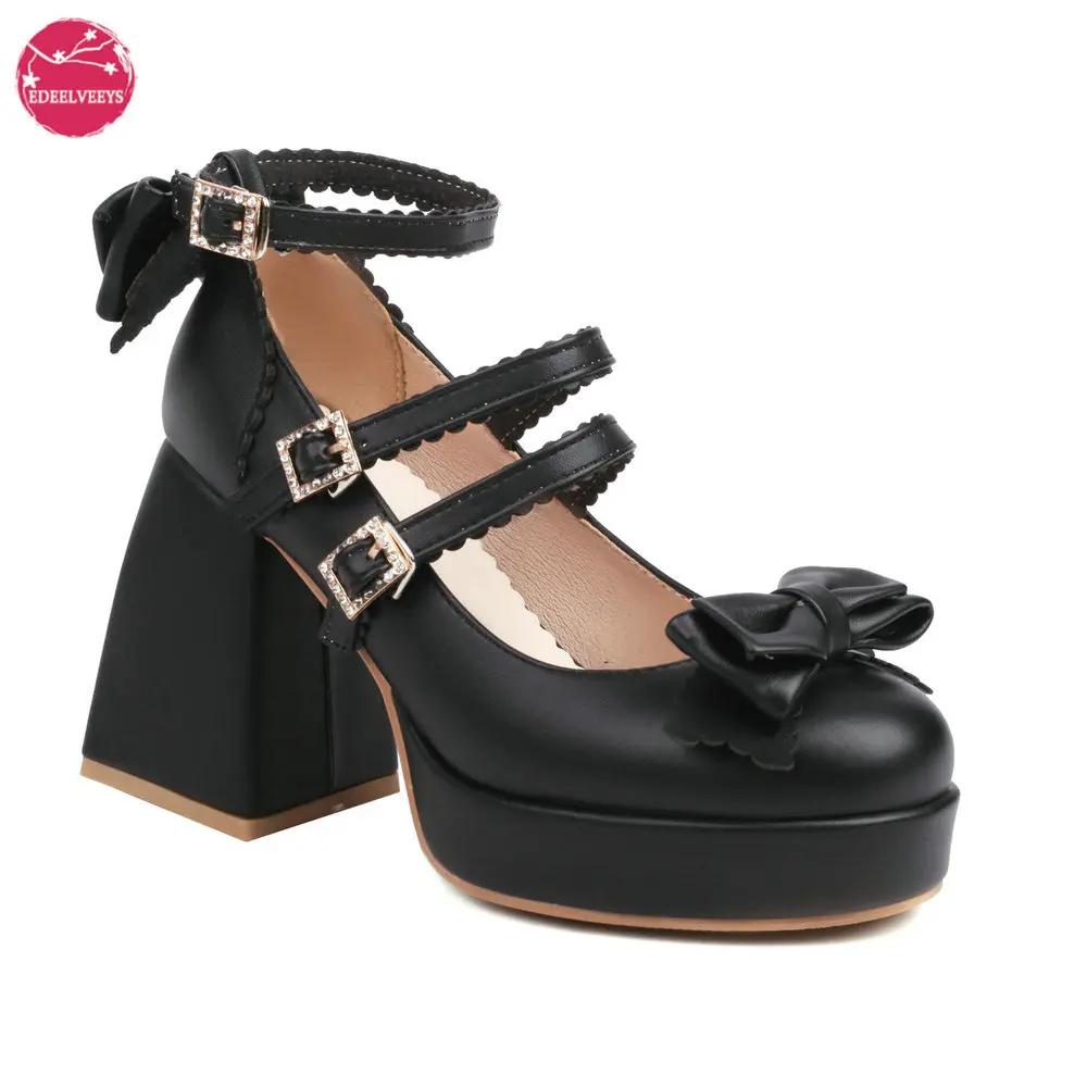 Women's Kawaii Platform Ankle Strap Chunky Heel Mary Jane Pumps Cute Closed Toe Goth Buckle Strappy Bow Party Dress Shoes
