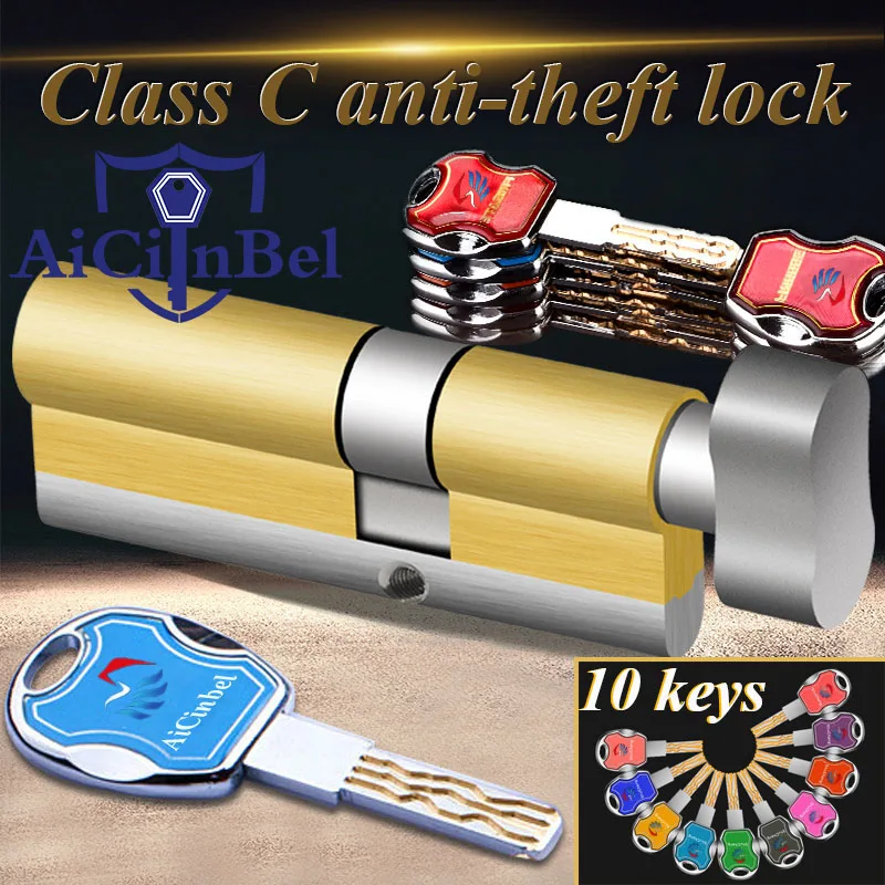 

Door cylinder 60 65 70 75 80 85 90mm Security Copper Lock Cylinder Interior Bedroom Living Handle Brass Security door 8 Keys