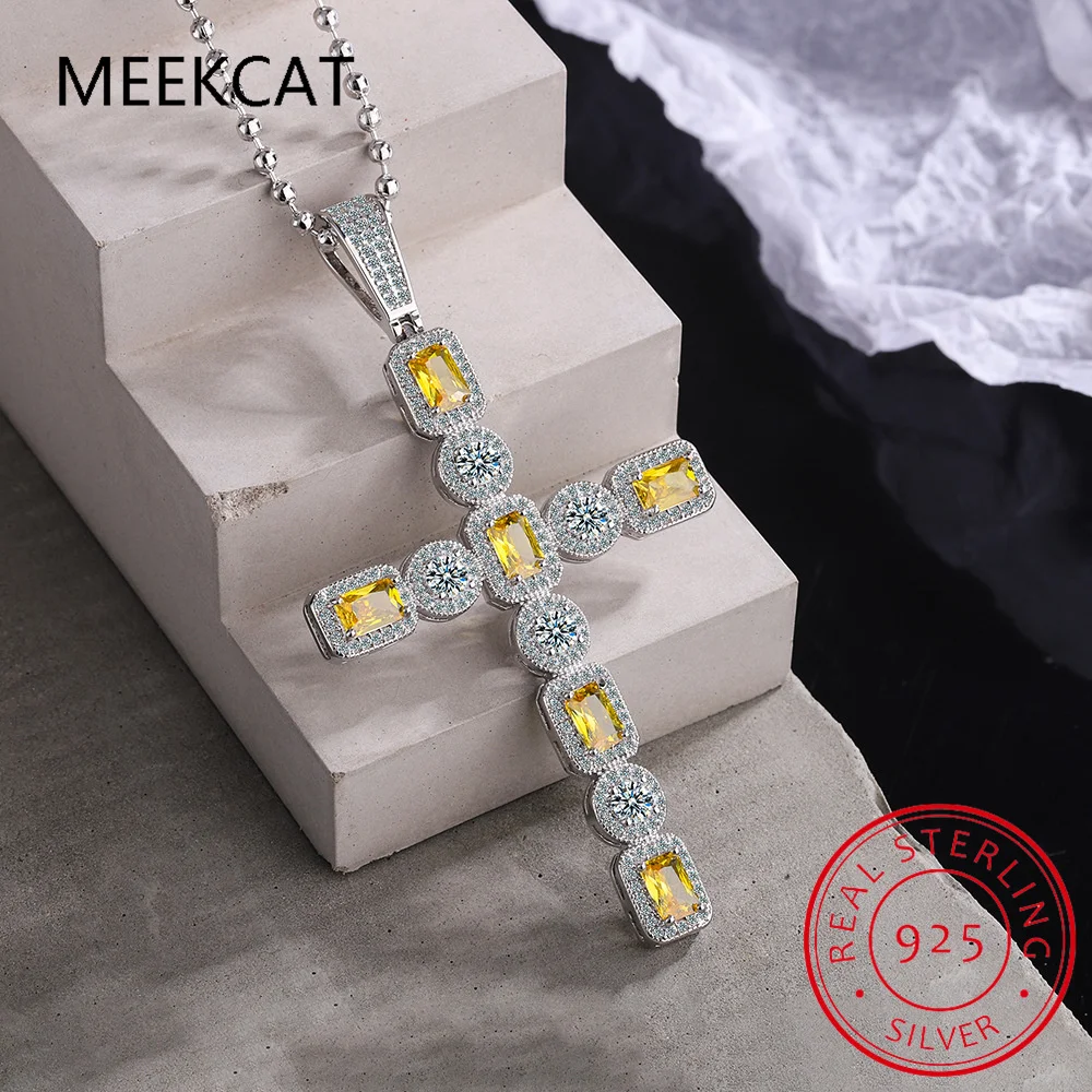 

Real Moissanite Cross Pendant Necklace For Women 925 Sterling Silver D Color Citrine Diamond Necklaces Sparkling Fine Jewelry