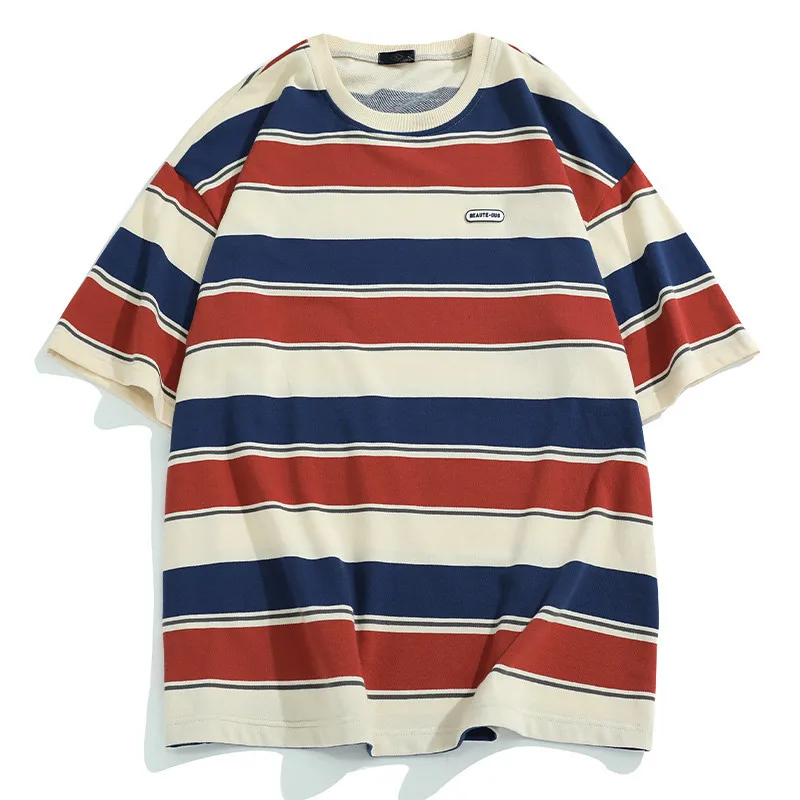 

Japanese fashion men's stripe oversize t-shirt men's and women's 2022 summer new pure cottonT-shirt