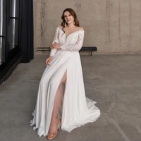 chic sheer neck chiffon plus size wedding dresses long sleeves side slit bride dress boho beach bridal gown customized