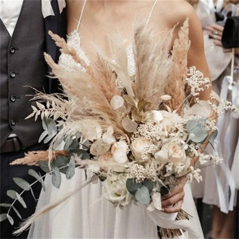 

Dried Pampas Bridal Bridesmaid Wedding Bouquet boho natural dried Flowers Roses Mariage Bouquet Wedding Accessories Home Decor