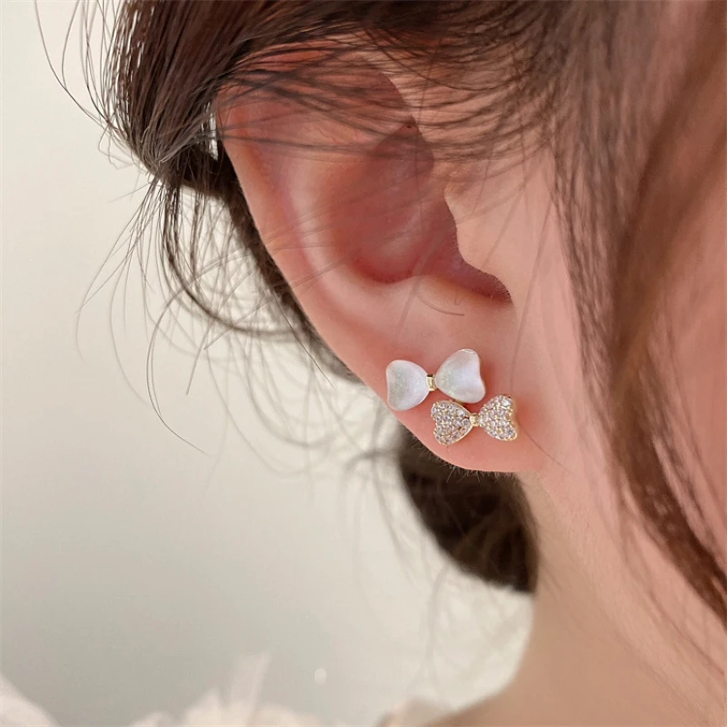 

Natural Opal Moonstone Bowknot Stud Earrings Crystal Diamond Bow Earrings Wedding Engagement Earrings for Women Fashion Jewelry