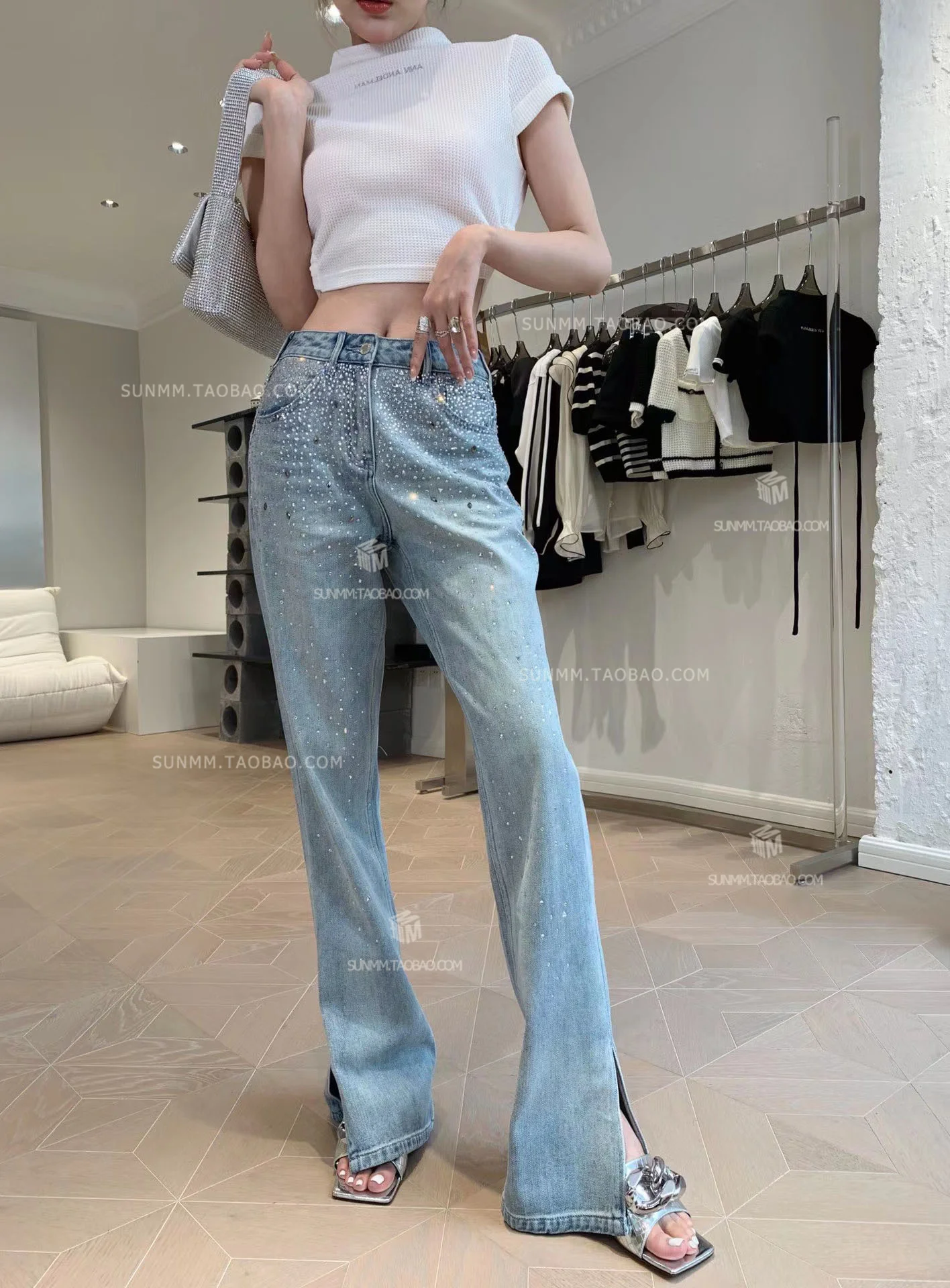 

Fashion Starry High-end Washed Full Diamond Denim Trousers Heavy Hot Drilling High Waist Slimming Elegant Split Jeans Women
