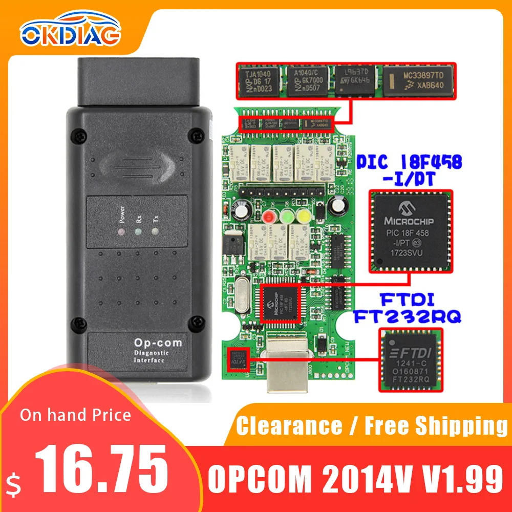 

Диагностический сканер OPCOM OP-COM CAN OBD2 OPEL V1.99 с чипом PIC18F458 FT232RQ OBD2