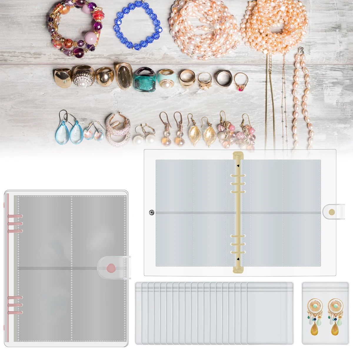 

Jewelry Organizer Transparent Jewelry Storage Book Bag Travel Clear Jewelry Holder Bag with 96 Grids and 96 Thicken PVC Ziplock
