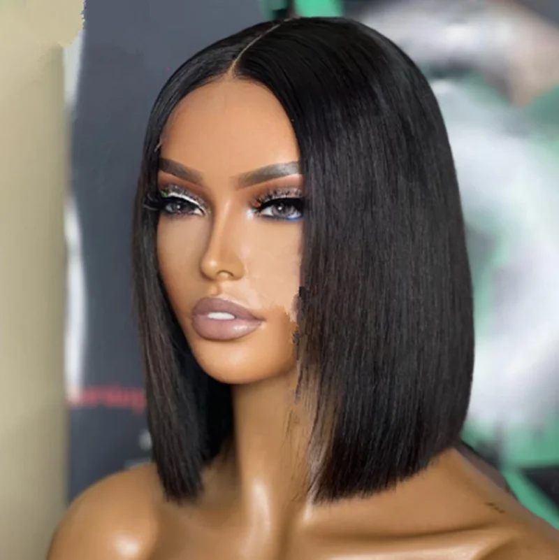 

Lace Front Wigs Short Bob Wig soft Blunt Cut Bob Wigs Natural Black 14inch Silky Straight For Women