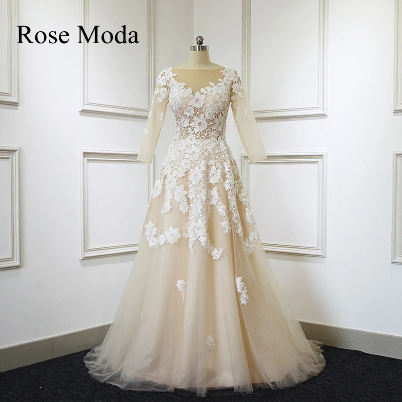 

Rose Moda Long Sleeves Champagne Lace Wedding Dress with Illusion Back Real Photos