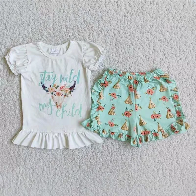 

hot sale custom infant clothes baby girl white short sleeve top and blue shorts girl kids clothing baby clothing set