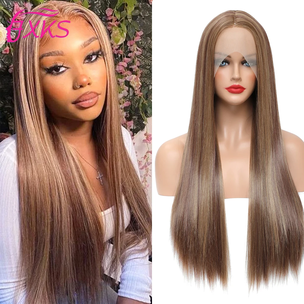 

Brown HighLight Long Straight Lace Frontal Wigs Blonde Black Synthetic Hair Lace Front Wigs 13x1 Natural Hairline 26Inch FXKS