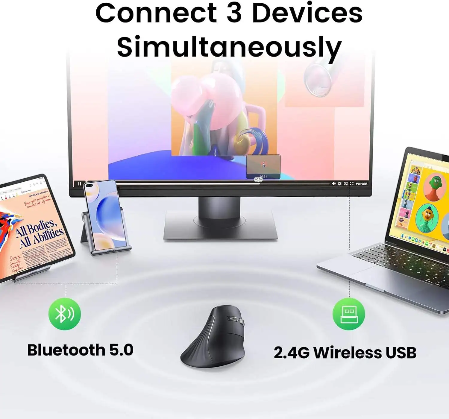 Фото Беспроводная вертикальная Bluetooth-мышь UGREEN MU008, эргономичная, 5 кнопок, 1000/1600/2000/4000 DPI, 2.4G, для ноутбуков и ПК №5