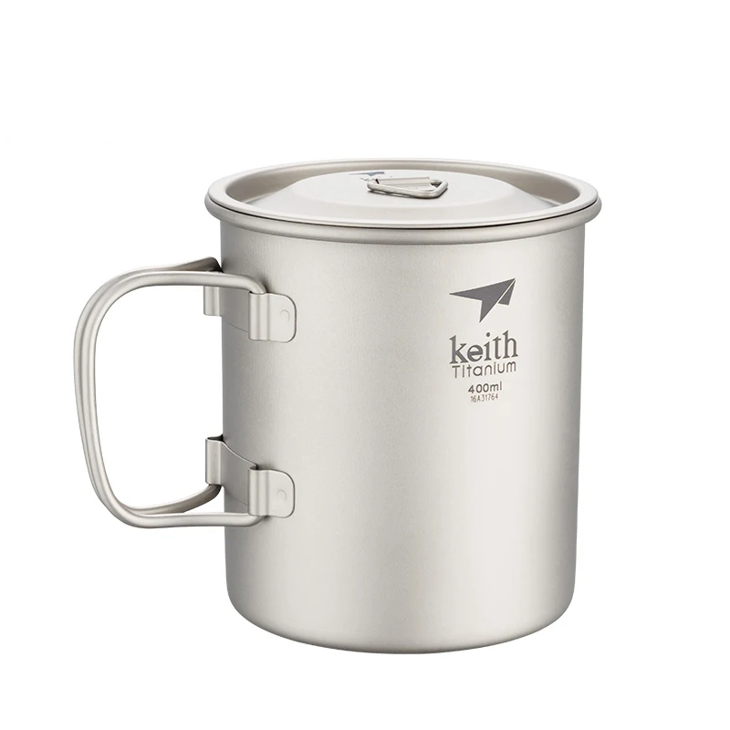 

Keith Ultralight Titanium Cup Outdoor Camping Travel Drinkware Single-wall Tea Mug With Folding Handle Lid 400ml