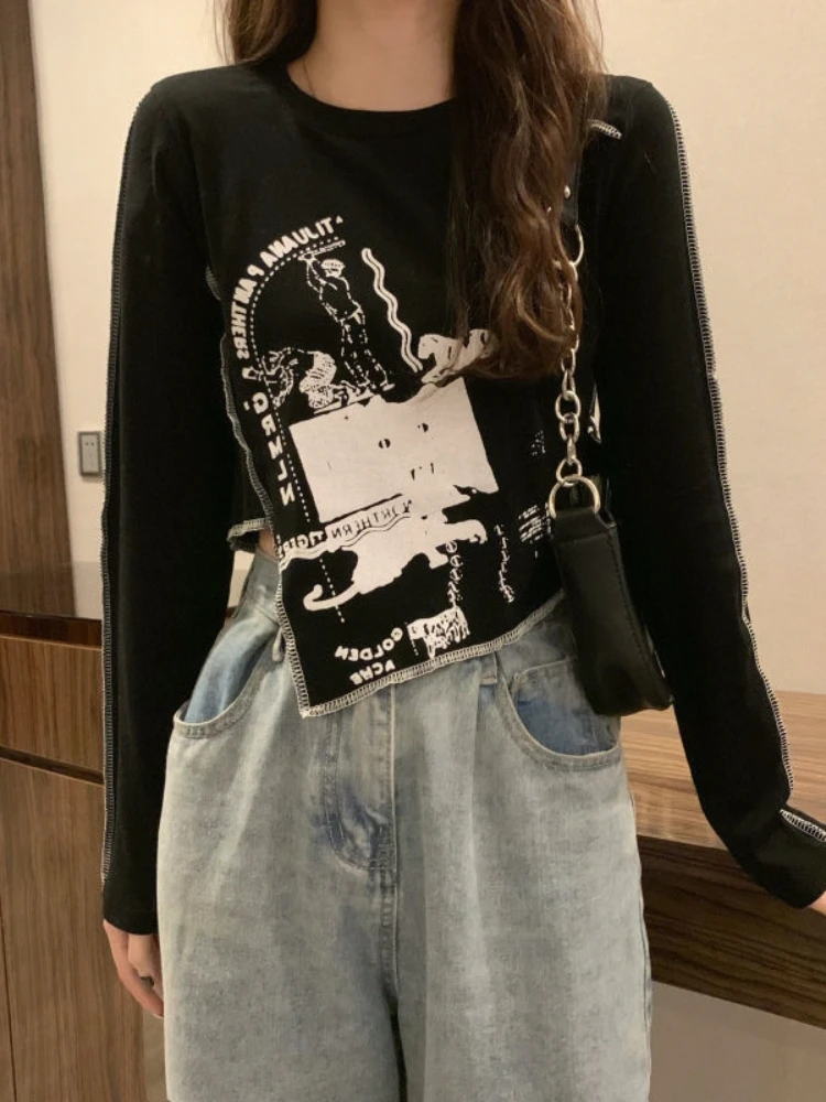 

Korejepo Chic High Waist Short Top Irregular Long Sleeved T-shirt 2023 New Women Early Spring High Street Fashion Cool Blouse