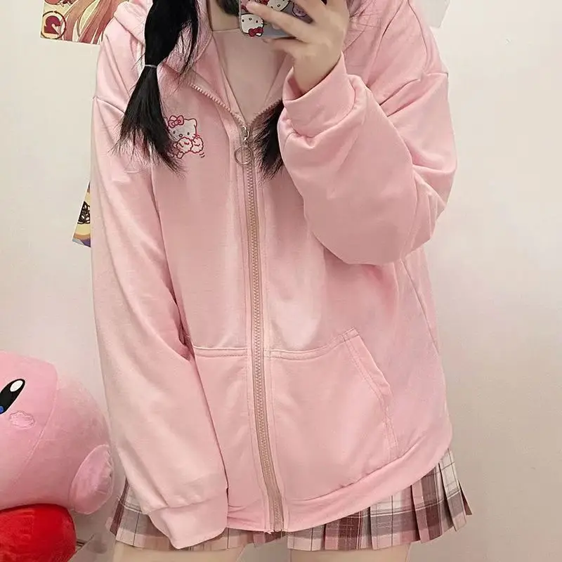 

Свитер Sanrio HelloKitty, новинка, Осенний японский кардиган с капюшоном и длинными рукавами, модель универсальное пальто, милый подарок на день рождения, женский кардиган