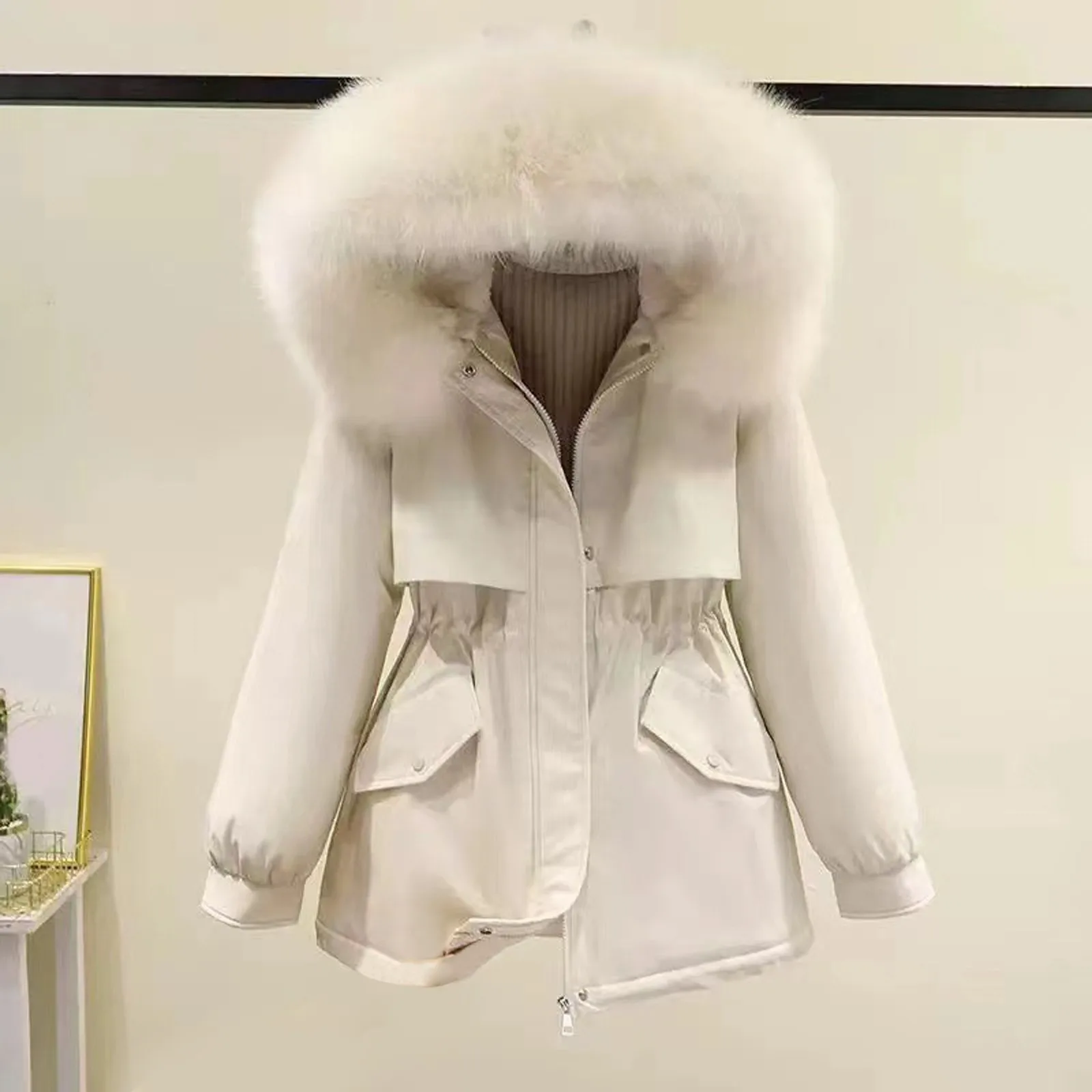 

Роскошное стильное пальто, модная зимняя куртка с большим мехом, Женская хлопковая куртка на молнии с большими карманами, удобная теплая парка с капюшоном, пальто, пуховик
