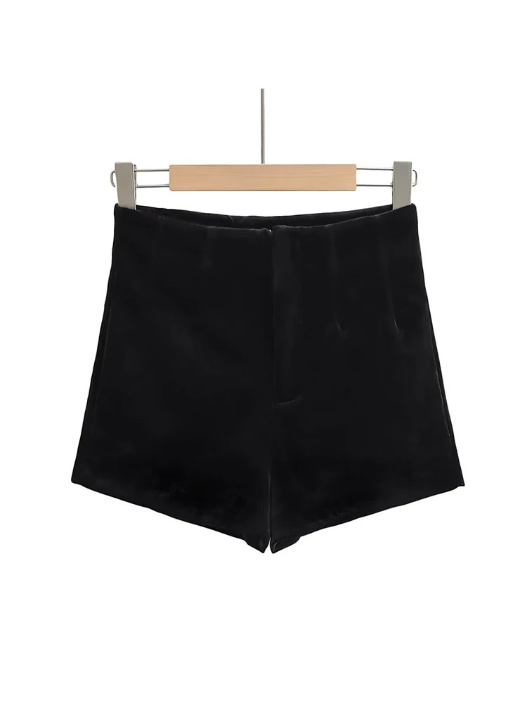 Women Fashion Solid Velvet Short Front Zipper Vintage High Waist Female Skort Mujer