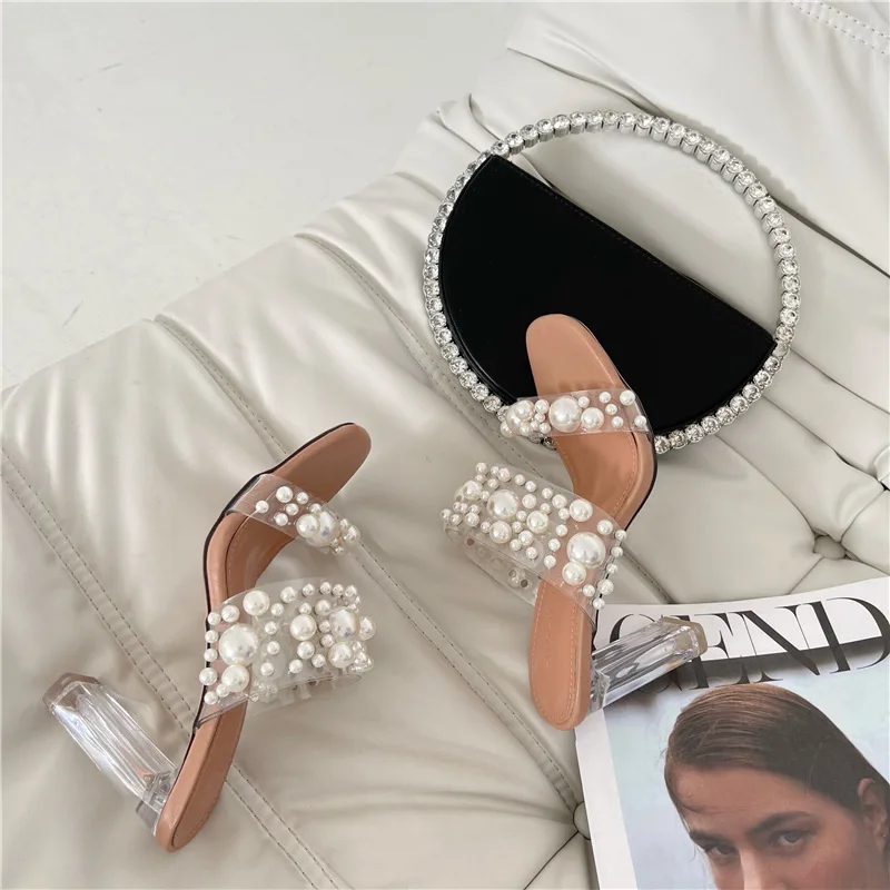 New Transparent PVC String Bead Shoes Woman Fashion Open Toe Slippers Crystal Heels Slides Beach Sandale Ladies  Sandalias