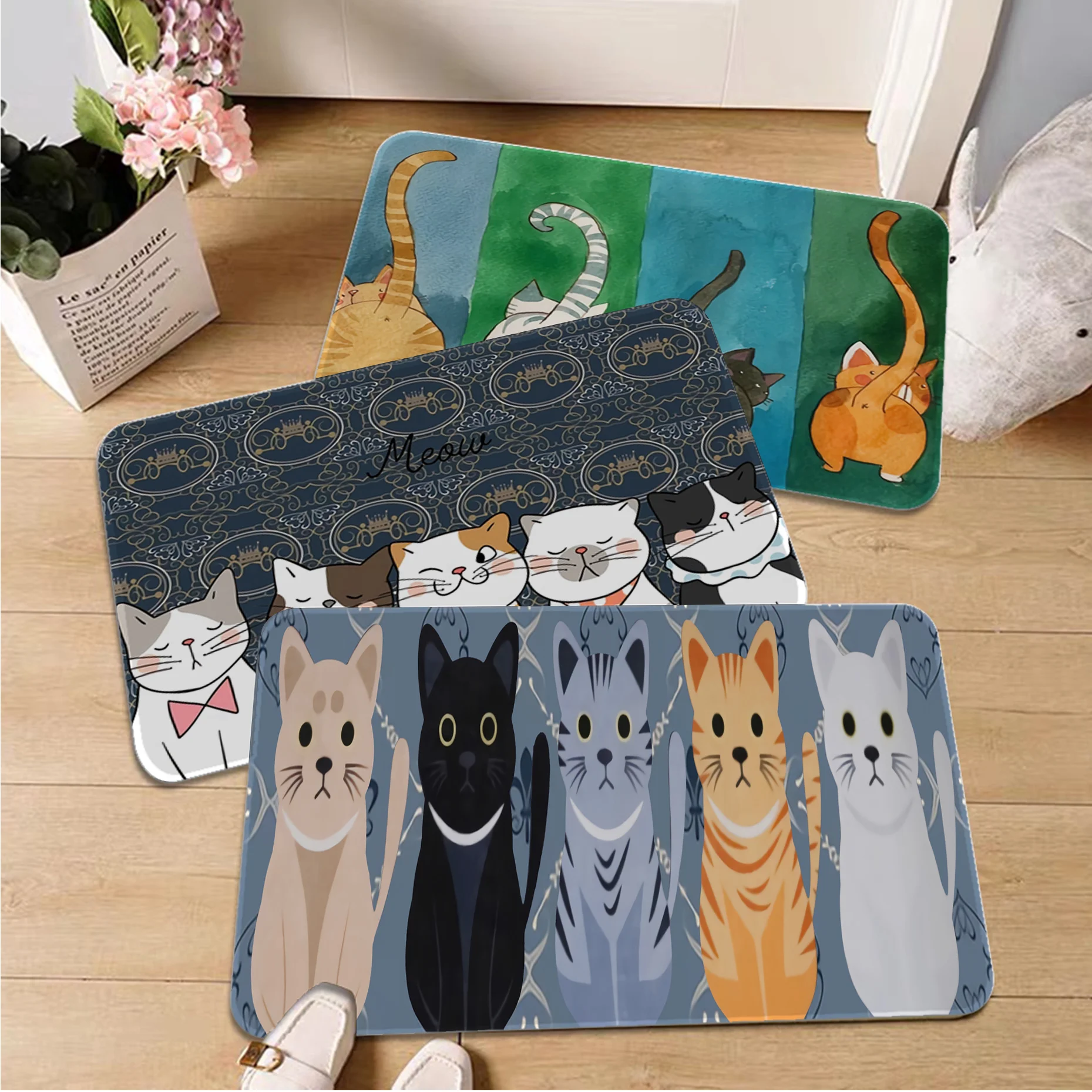 

Кухонный коврик Kawaii с изображением кошки, Нескользящий Впитывающий воду длинный полосатый коврик для спальни, коврик для двери, коврик