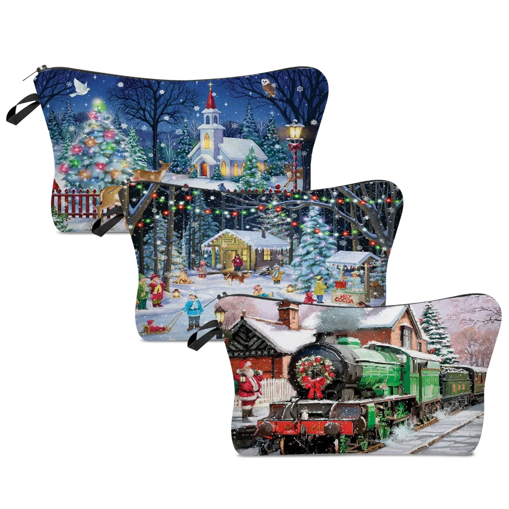 

Women Portable Cosmetic Bags Christmas Print Wash Bag Pouch Travel Storage Zip Toiletries Organizer Female Pocket Money Bag