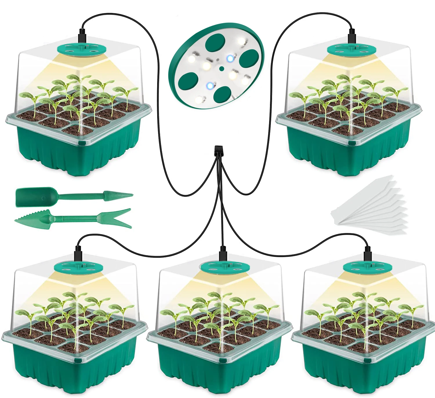 

Plant Seed Starter Trays Kit,Seedling Tray with Grow Light Greenhouse Growing Trays with Holes 60 Cell Per Tray 5 Pack