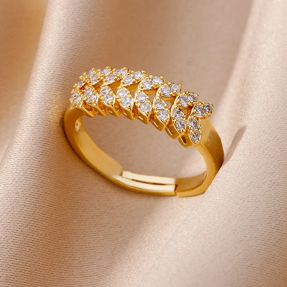 

Zircon Wheat Spike Shape Rings For Women Stainless Steel Adjustable Geometric Ring Wedding Party Aesthetic Jewerly Gift femme