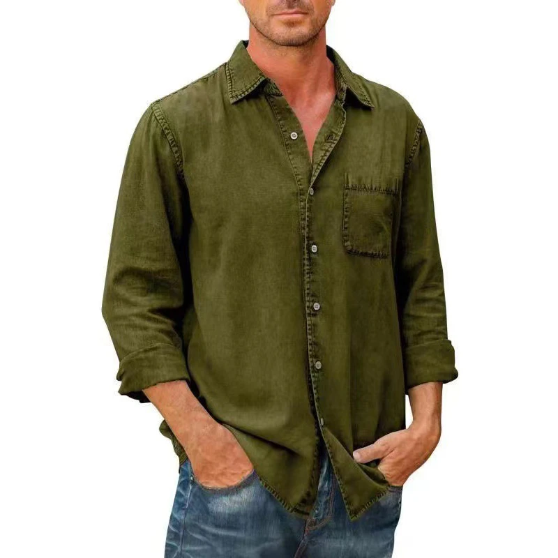 

2022 Fall Mens Vintage Solid Color Shirt Long Sleeve Turndown Collar Buttoned Leisure Shirts Men Spring Trend Loose Cardigan Top