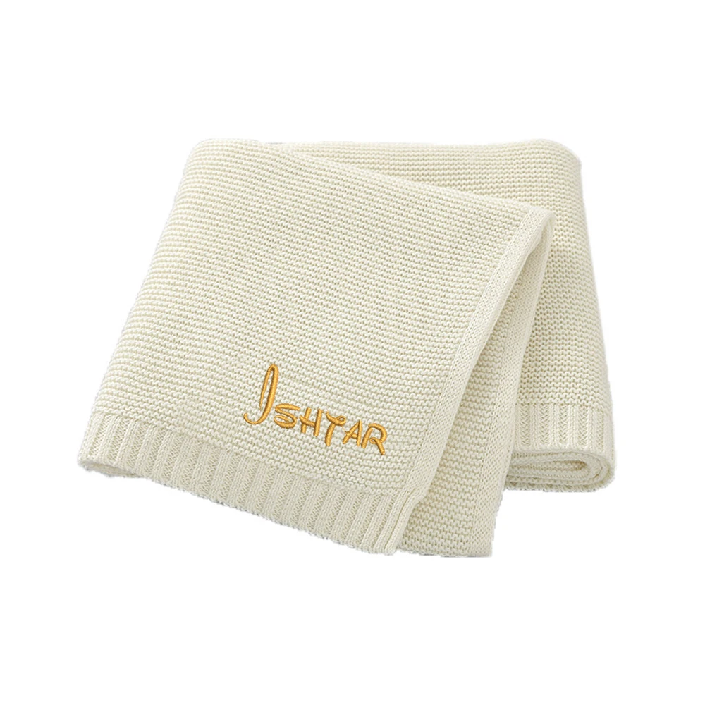 Baby Blanket Embroidered Name Stroller Blanket Baby Shower Newborn Baby Gift Personalized Soft Breathable Cotton Knitted Blanket