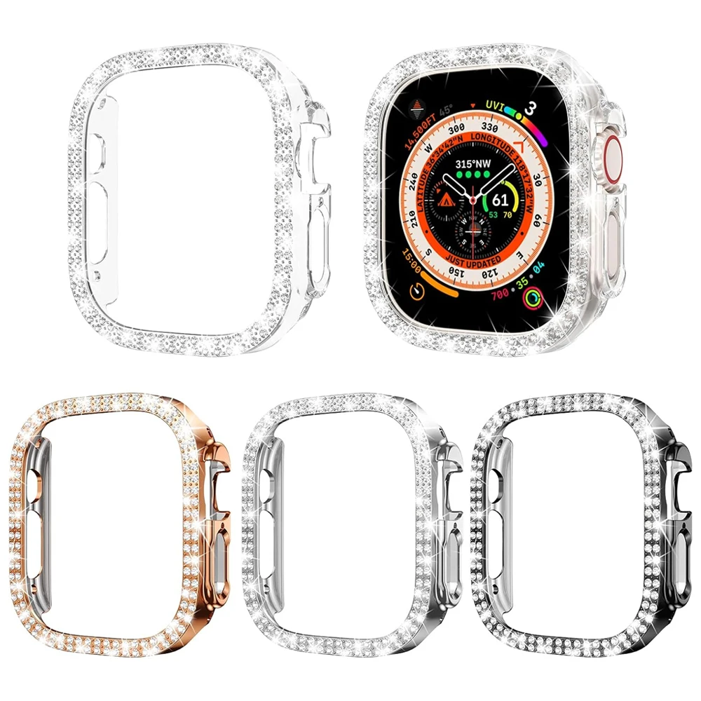 Фото Алмазный чехол для Apple Watch, чехол Ultra/Ultra 2, 49 мм, аксессуары, протектор, алмазный жесткий бампер из ПК, защитные чехлы для iWatch №1