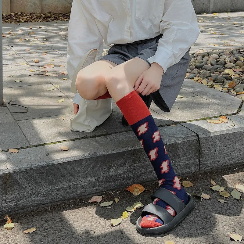 Women Summer Thin Breathable Calf Socks Harajuku JK Style Sweet Windmill Jacquard Glass Fiber Mesh Splicing Colorblock Stockings