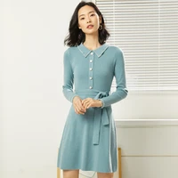 spring autumn womens temperament dress fashion waist a line skirt versatile lapel beaded long sleeve dress