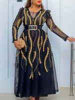 african women elegant squined dresses printing dubai abaya jalabiya mesh long sleeve islamic muslim moroccan turkey robe