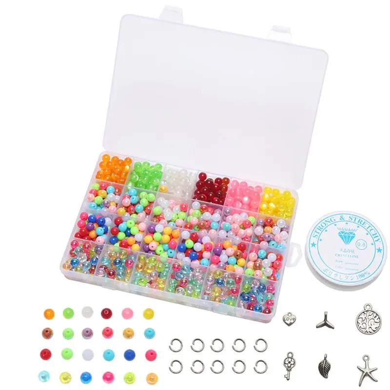 

L21E 840Pcs 24 Grids Shiny Multicolored Acrylic Round Beads with Alloy Pendants Open Jump Rings Elastic String for DIY Bracelet