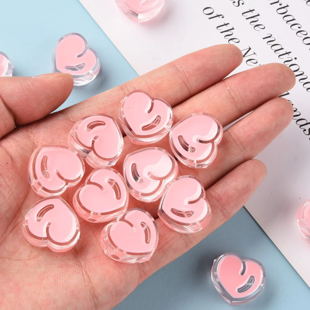 100pc Transparent Enamel Acrylic Beads Heart Misty Rose 20x21.5x9mm Hole: 3.5mm
