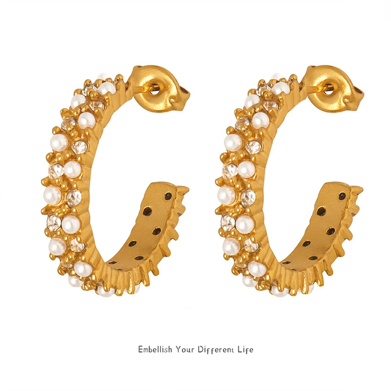 Rhinestone Bead C Shape Earrings 2023 Vintage Premium Pierced Ear Rings Stainless Steel Jewelry for Women Party Wedding Gifts