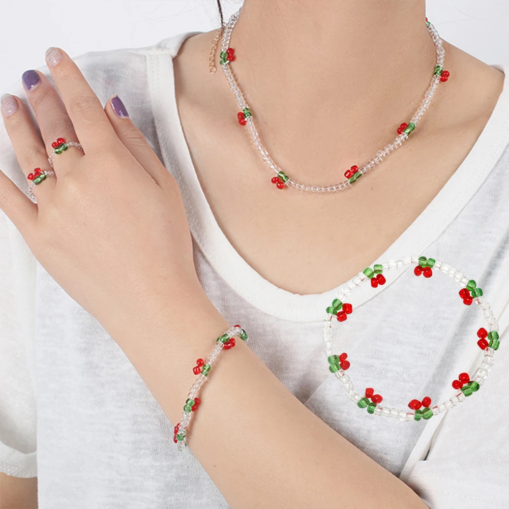 

Bohemia Beaded Red Cherry Necklace For Women Cute Handmade Fruits Seed Bead Chokers 90s Necklaces Boho Jewelry