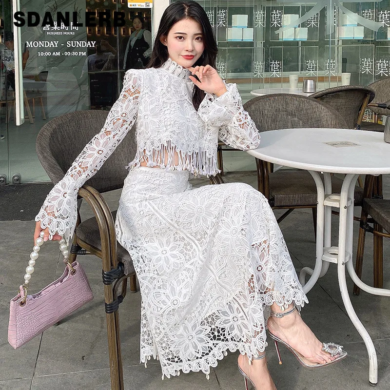 

Hollow Lace Two Piece Suit for Women 2021 Autumn New Lady's Top Long Sleeve Shirt Elegant Short Blouse + Mid-length Skirt