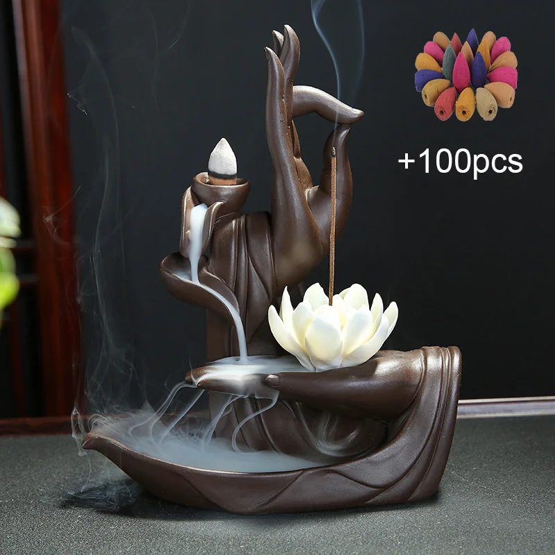 

Backflow Incense Burner Ceramic The Monk Buddha Hand Holder Bigger Tower Censer Incense Cone Smoke Dropshipping