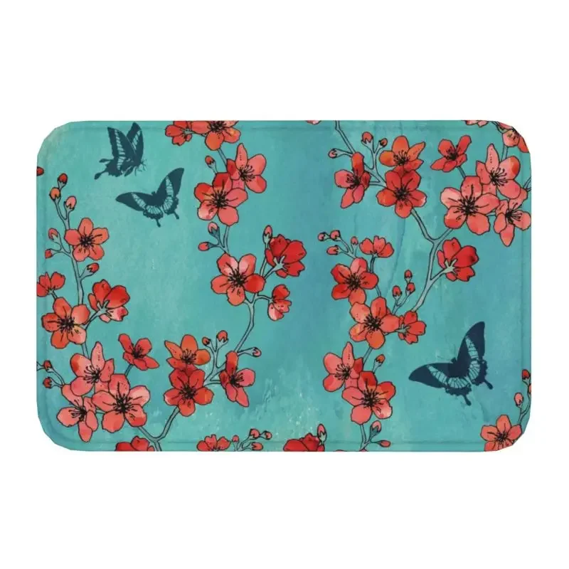 

Sakura Butterflies In Turquoise Door Floor Kitchen Bathroom Mats Flowers Floral Cherry Blossom Doormat Room Entrance Carpet Rug