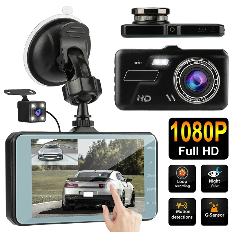 

4 Inch HD 1080P Car Dual Dash Cam DVR Camera Driving Video Recorder Parking Car Monitor IR Night Vision G-Sensor
