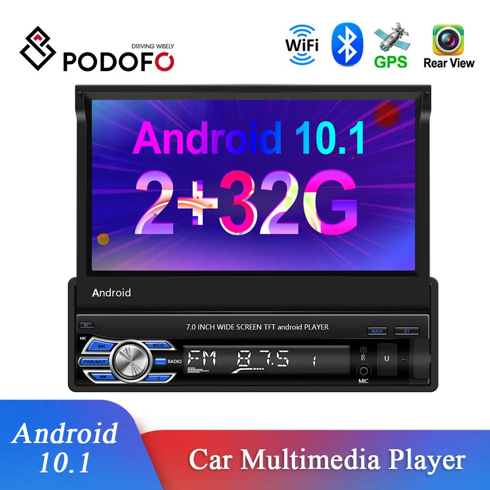Podofo Android 1Din Car Radio 7'' Retractable Screen Multimedia Audio Stereo Receiver MP5 Player GPS Wifi Bluetooth Support DVR