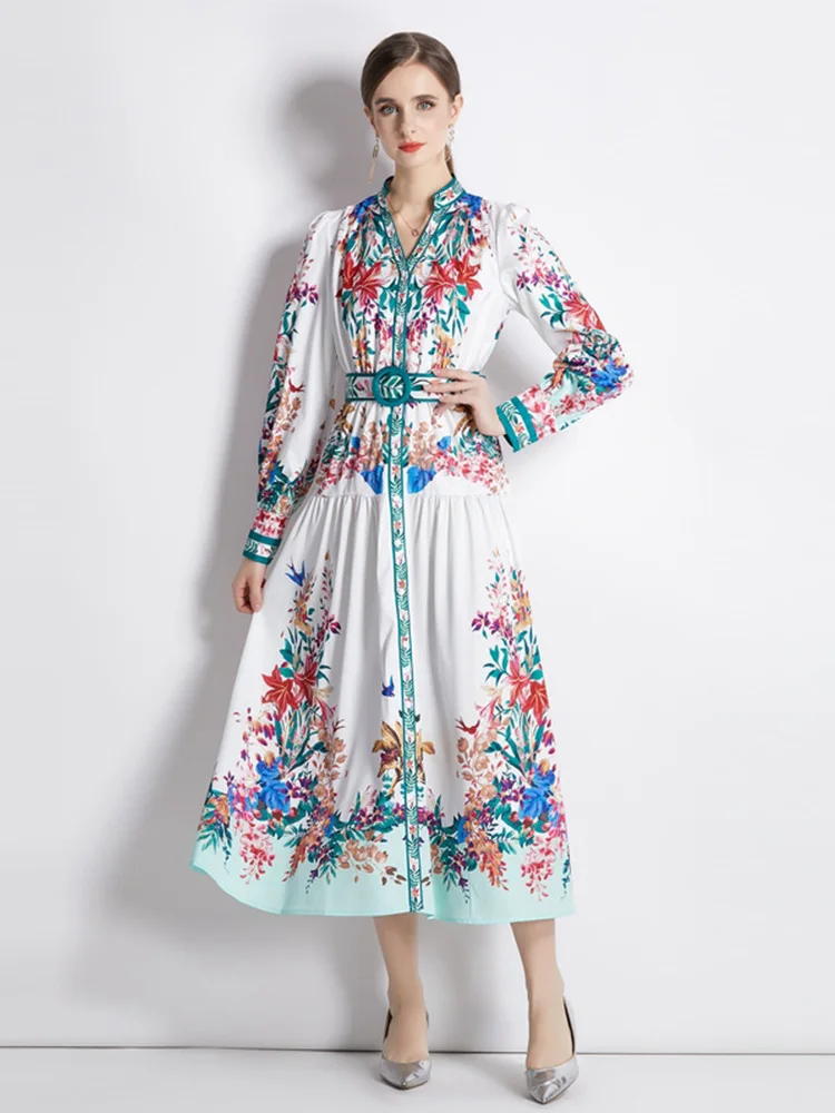 

Bohemain Green Flower Long Party Dress for Women Designer Runway V-Neck Lantern Sleeve Floral Print Single Breasted Longue Robes