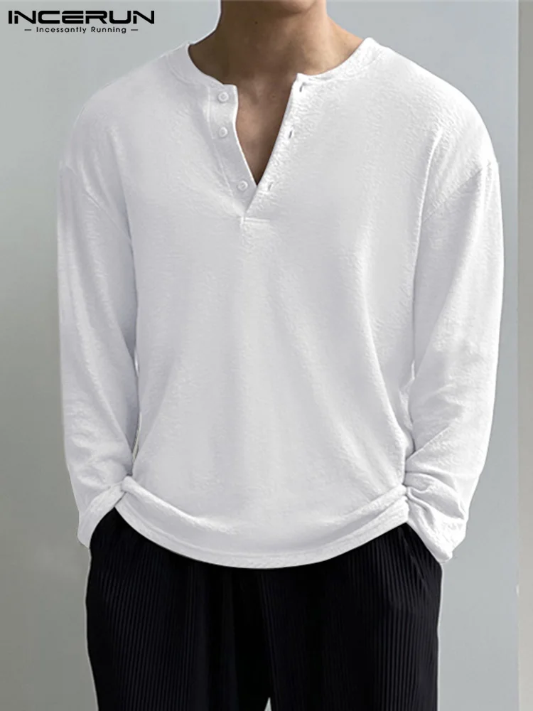 

Men Casual T Shirt 2022 Solid Color Streetwear V Neck Long Sleeve Korean Thin Men Clothing Fashion Leisure Tee Tops 5XL INCERUN