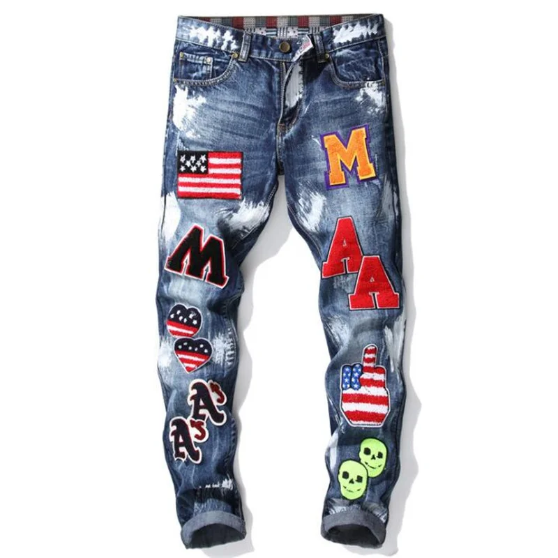 Autumn Winter new Straight jeans Men's pants embroidery National flag badge paint self-cultivation No bombs slim trousers blue