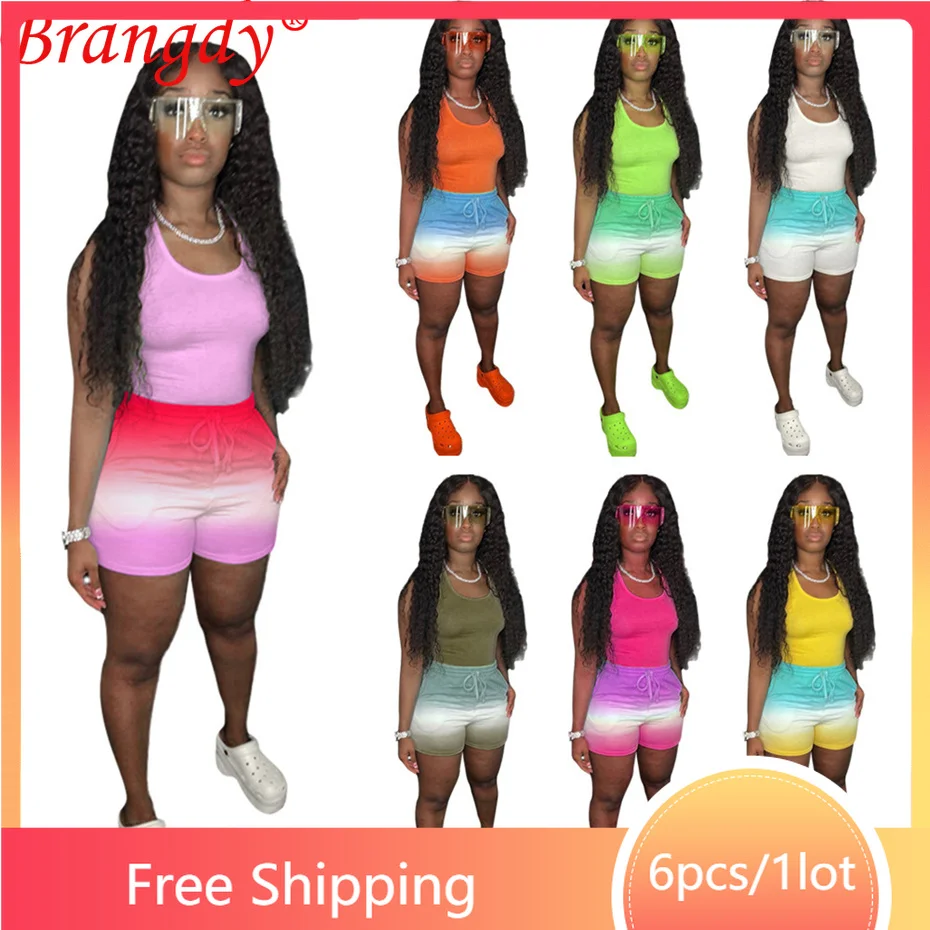 

6sets Wholesale Items for Business Summer Vest Tie Dye Shorts 2 Piece Set Outfits Women Tracksuit Fashion Sport Suits B9379