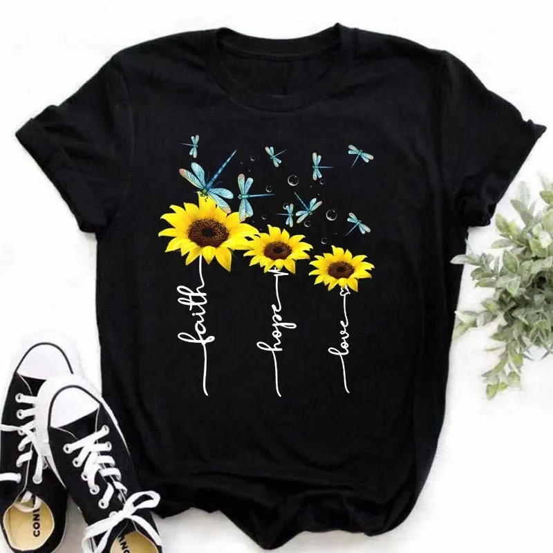 

2022NEW New Sunflower with DragonflyWomen Tshirt Harajuku Short Sleeve Black T Shirts Cartoon Casual Woman Tops Tees Clothes
