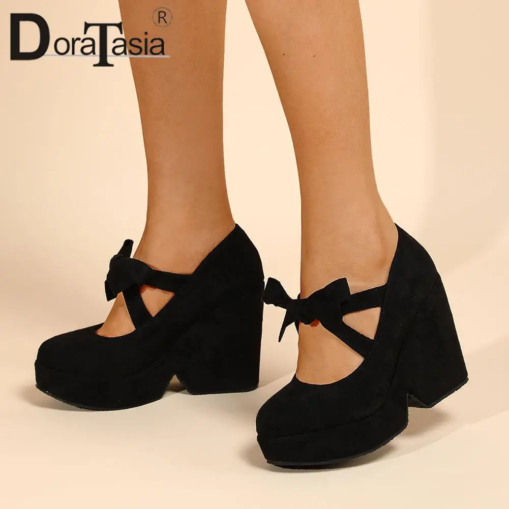 

Женские туфли-лодочки с бантом DORATASIA, черные туфли на высоком массивном каблуке, офисная обувь на платформе для вечерние,