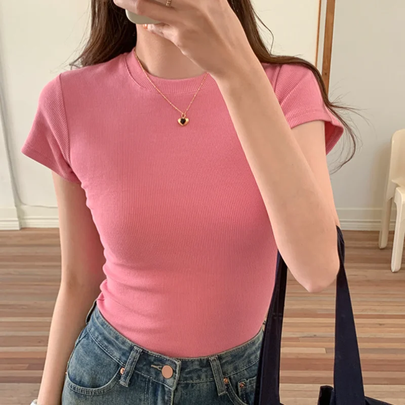 

Casual Knitted Short Sleeve Lady T-shirts Korean Style O-Neck Slim Clothes Office Lady Tees Solid Bottom Shirt Elegant Top 27784