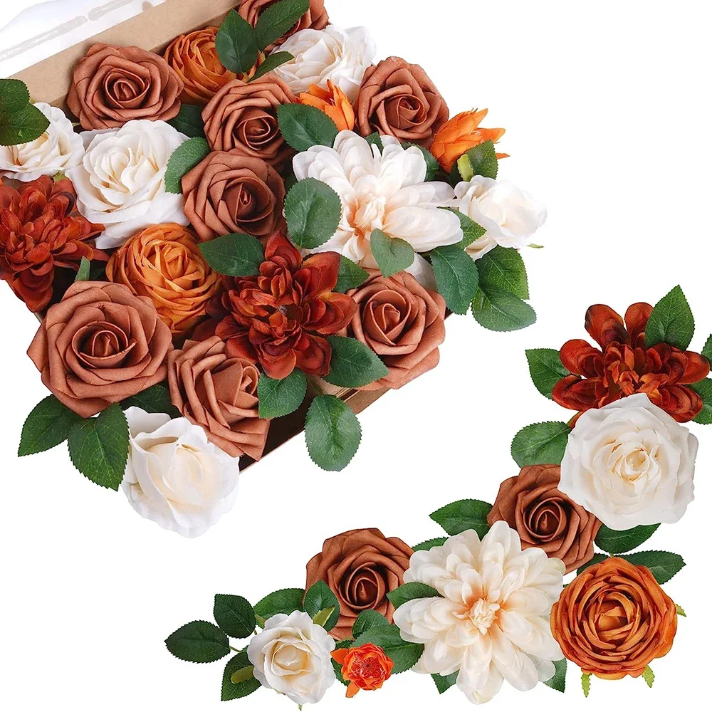 

Autumn Terracotta Rose Flowers Combo Set with Stems for Fall Wedding Bride Baby Shower DIY Table Centerpieces Decoratio